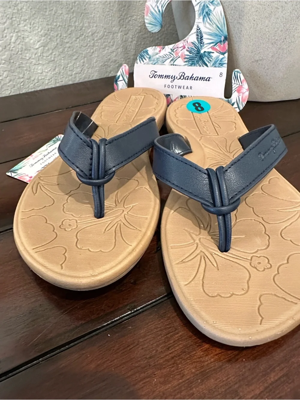 Tommy Bahama Navy Strap Tan Footbed Floral-Embossed Flip Flops